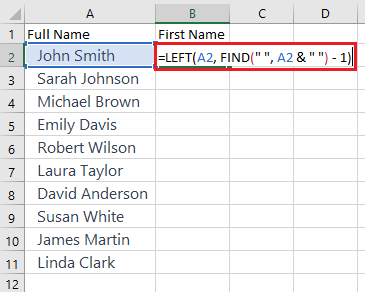 extract 1st name in cell